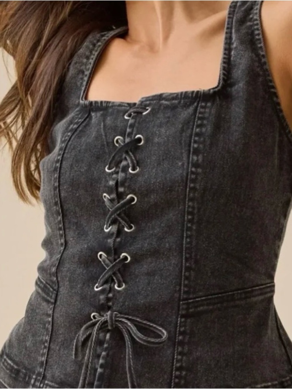 The Workshop brand Black Acid-Wash Lace-Up Denim Jeans Top